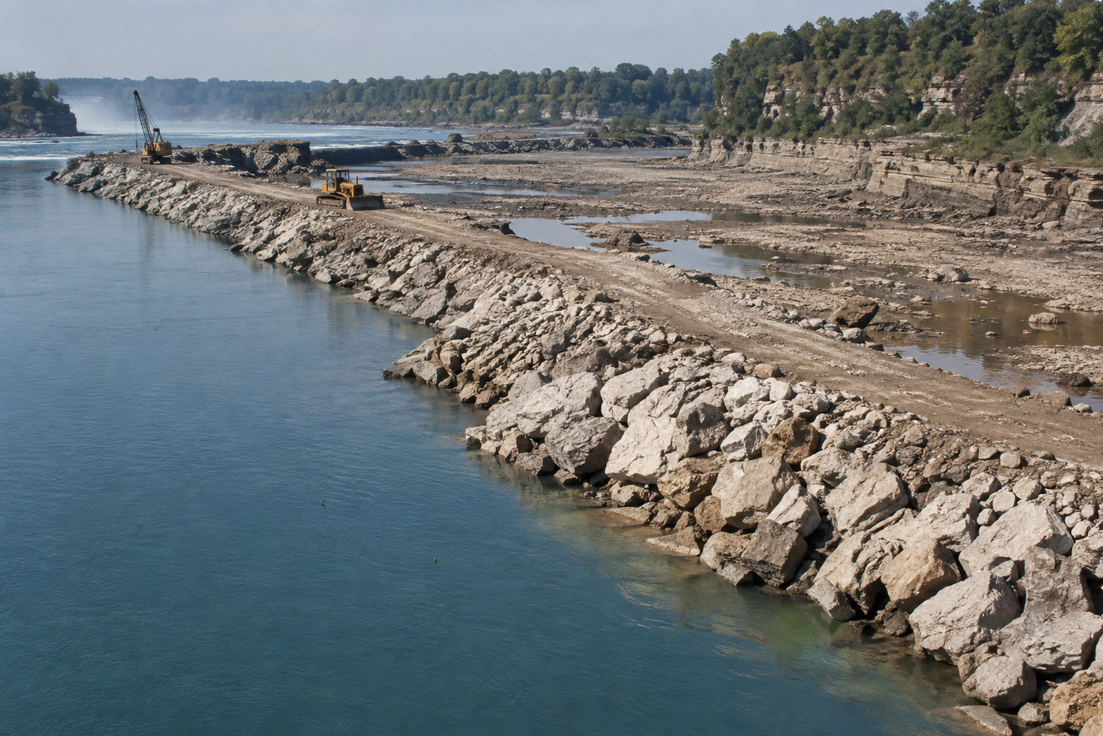 The dry riverbed and rock slope at the foot of American Falls with the water diverted away