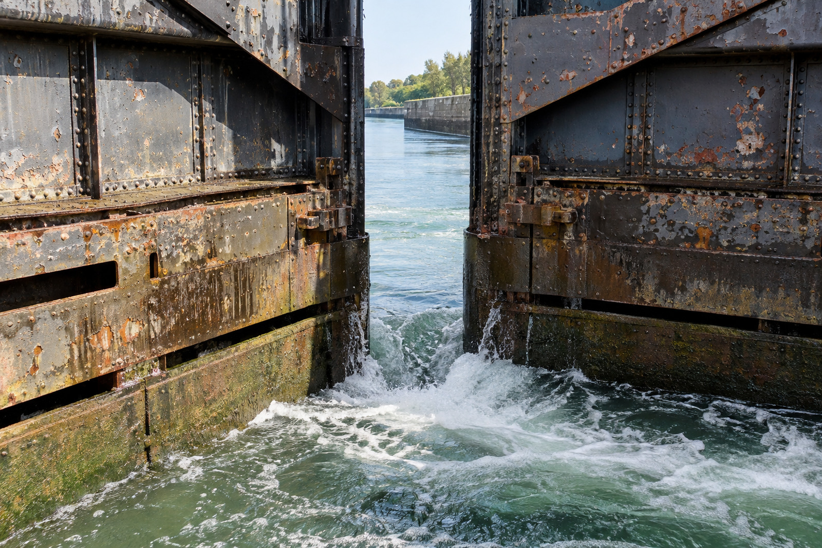 A cargo ship inside a lock chamber of the Welland Canal at St. Catharines